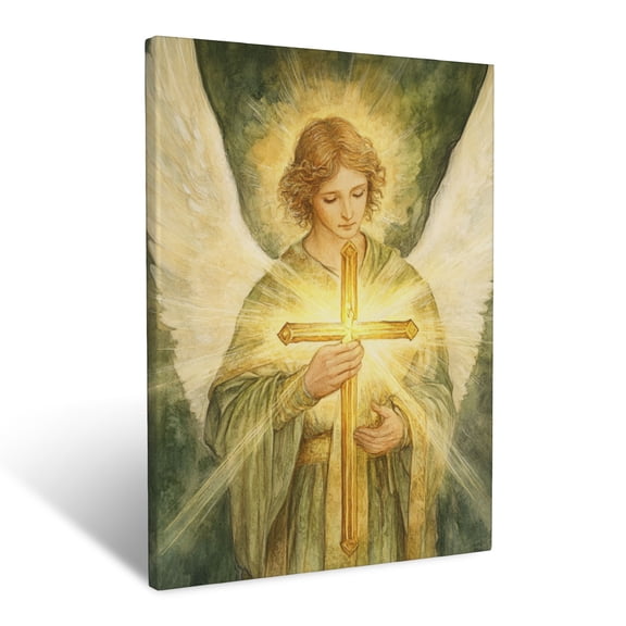 CozyNet Angel Holding A Glowing Cross With Reverence Radiant Figure Symbolizing Divine Strength Wall Art Prints With Frame Canvas Perfect for Living Room & Bedroom, Ready to Hang, Wall Decor 12"x16"