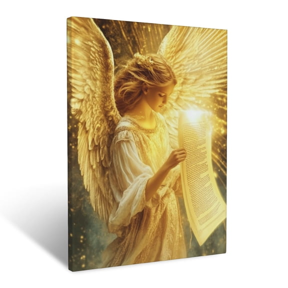 CozyNet An Angel Holding A Glowing Scroll With Divine Messages In Golden Light Wall Art Prints With Frame Canvas Perfect for Living Room & Bedroom, Ready to Hang, Wall Decor 12"x16"