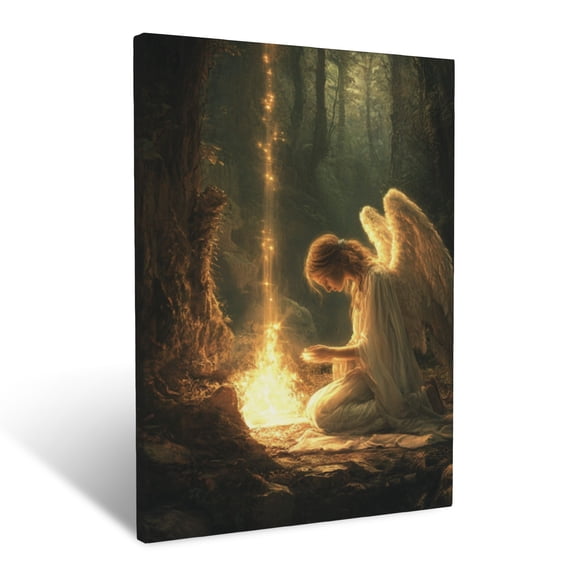 CozyNet Angel Kneeling By A Glowing Altar Of Light In The Forest A Divine Figure Symbolizing Devotion Wall Art Prints With Frame Canvas Perfect for Living Room & Bedroom, Wall Decor 16"x20"