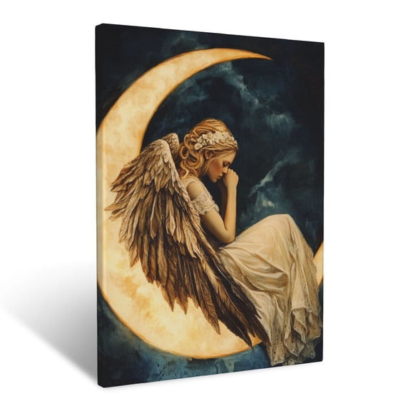 CozyNet Angel Resting On A Glowing Crescent Moon Radiant Figure Symbolizing Divine Peace & Calm Wall Art Prints With Frame Canvas Perfect for Living Room & Bedroom, Ready to Hang, Wall Decor 12"x16"
