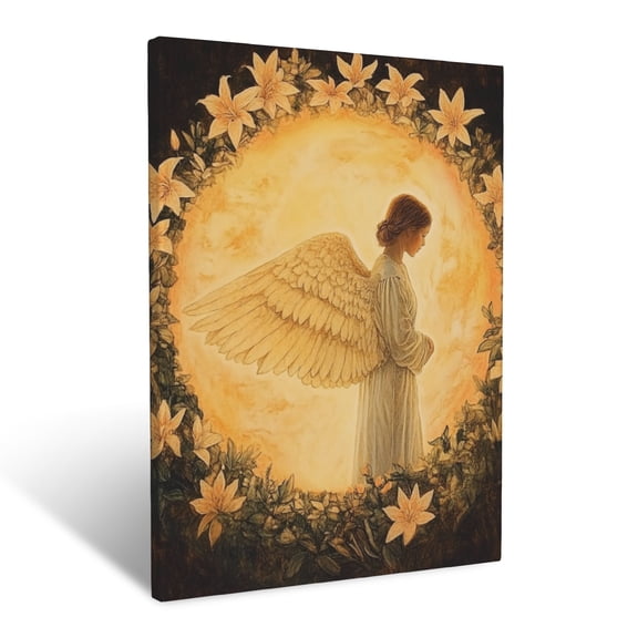CozyNet Angel Standing In A Glowing Circle Of Lilies Radiant Figure Symbolizing Peace & Purity Wall Art Prints With Frame Canvas Perfect for Living Room & Bedroom, Ready to Hang, Wall Decor 12"x16"