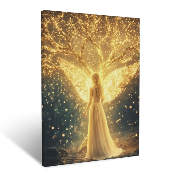 CozyNet Angel Standing By A Radiant Tree Of Life Glowing Softly, Symbolizing Eternal Grace Wall Art Prints With Frame Canvas Perfect for Living Room & Bedroom, Ready to Hang, Wall Decor 12"x16"