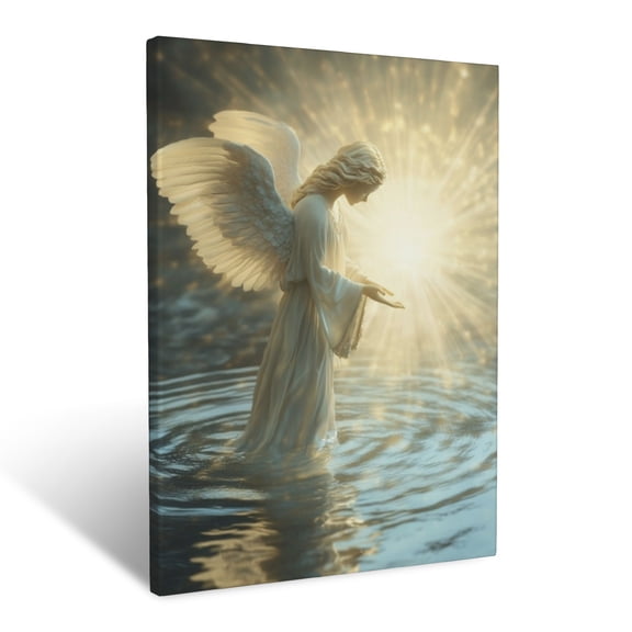 CozyNet Angel Touching Glowing Waters Creating Ripples Of Light, Symbolizing Peace & Divine Care Wall Art Prints With Frame Canvas Perfect for Living Room & Bedroom, Wall Decor 12"x16"