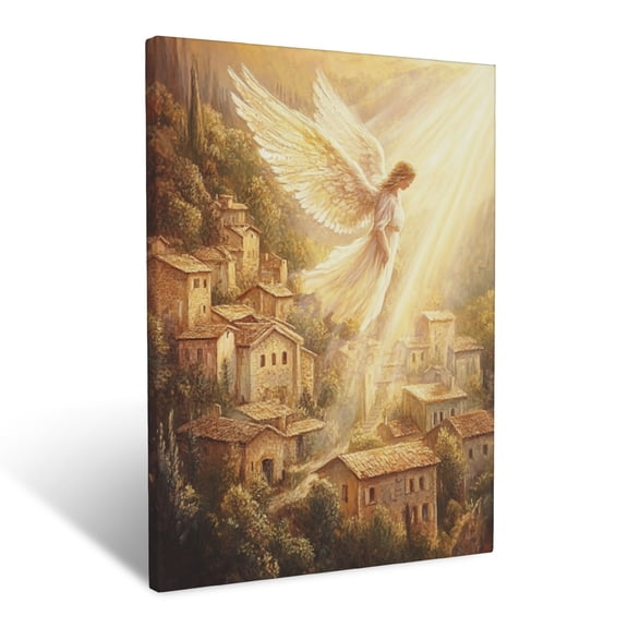 CozyNet Angel Watching Over A Small Village, Soft Beams Of Light Casting Peace Over Houses Wall Art Prints With Frame Canvas Perfect for Living Room & Bedroom, Ready to Hang, Wall Decor 12"x16"