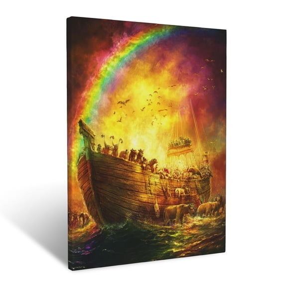 CozyNet The Ark Of Noah Glowing Brightly With Animals Under A Vivid Rainbow Wall Art Prints With Frame Canvas Perfect for Living Room & Bedroom, Ready to Hang, Wall Decor 12"x16"