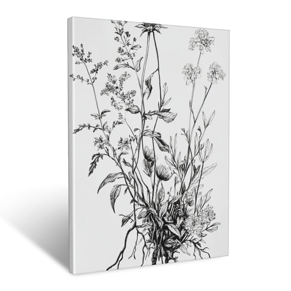 CozyNet Artistic Ink Drawing Of Medicinal Roots, Stems, & Flowering Herbs Wall Art Prints With Frame Canvas Perfect for Living Room & Bedroom, Ready to Hang, Wall Decor 12"x16"in