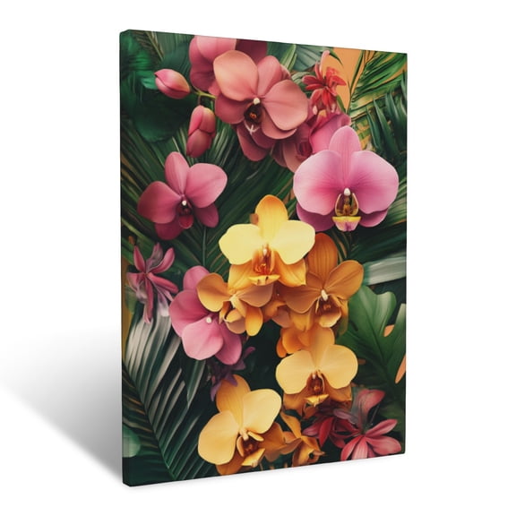 CozyNet Artistic Rendering Of Colorful Orchids In Full Bloom With Tropical Greenery Wall Art Prints With Frame Canvas Perfect for Living Room & Bedroom, Ready to Hang, Wall Decor 16"x20"in