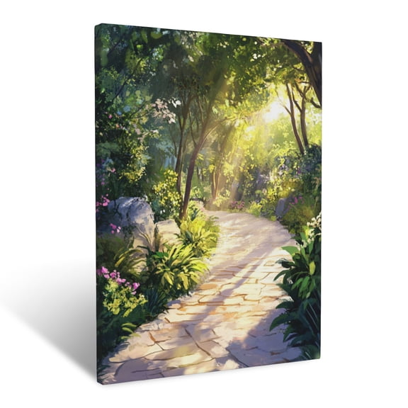 CozyNet Artistic Rendering Of Sunlit Garden Pathways Surrounded By Lush Greenery Wall Art Prints With Frame Canvas Perfect for Living Room & Bedroom, Ready to Hang, Wall Decor 12"x16"in