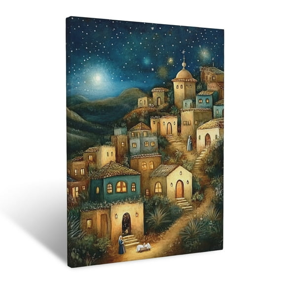 CozyNet Bethlehem Townscape Humble Homes Under Starry Night & Peaceful Nativity Wall Art Prints With Frame Canvas Perfect for Living Room & Bedroom, Ready to Hang, Wall Decor 16"x20"