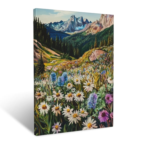 CozyNet Bloom Filled Alpine Landscape With Edelweiss & Asters Thriving In Sunlight Wall Art Prints With Frame Canvas Perfect for Living Room & Bedroom, Ready to Hang, Wall Decor 12"x16"in