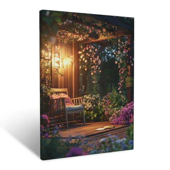 CozyNet Bloom Filled Garden Corner Illuminated By Gentle Twilight Hues Wall Art Prints With Frame Canvas Perfect for Living Room & Bedroom, Ready to Hang, Wall Decor 16"x20"in
