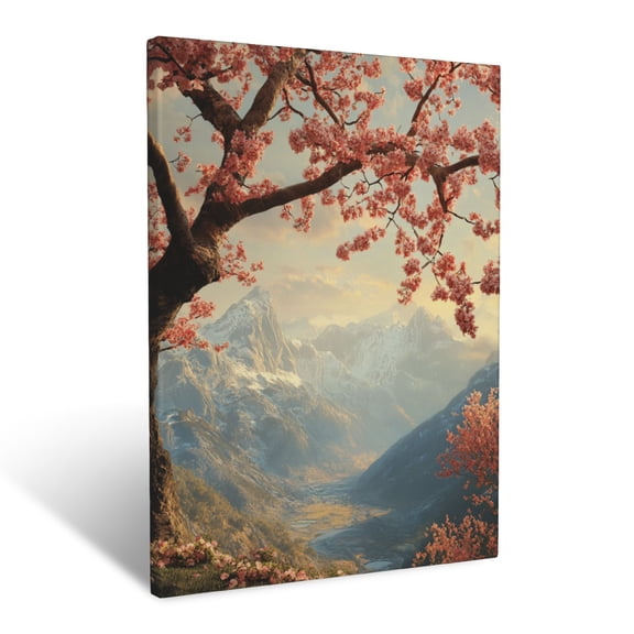 CozyNet Blooming Cherry Tree Framed By Distant Mountains And Hazy Light Wall Art Prints With Frame Canvas Perfect for Living Room & Bedroom, Ready to Hang, Wall Decor 16"x20"in