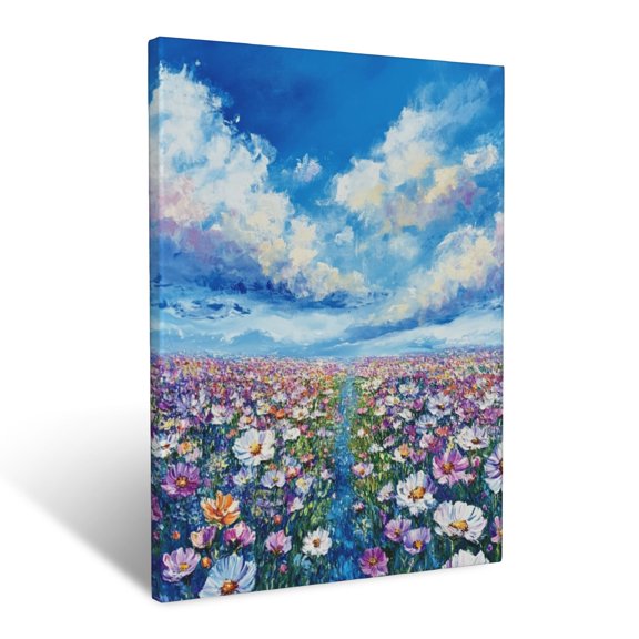 CozyNet Blooming Cosmos Field Stretching Endlessly Under Vivid Blue Skies Wall Art Prints With Frame Canvas Perfect for Living Room & Bedroom, Ready to Hang, Wall Decor 12"x16"in