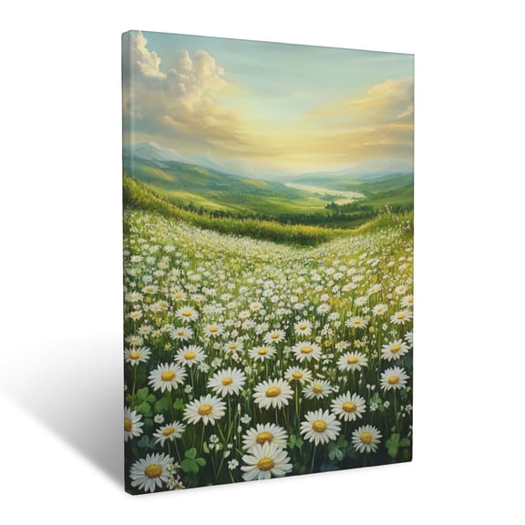 CozyNet Blooming Field Of Daisies And Clover Gently Moving In A Warm Summer Breeze Wall Art Prints With Frame Canvas Perfect for Living Room & Bedroom, Ready to Hang, Wall Decor 12"x16"in