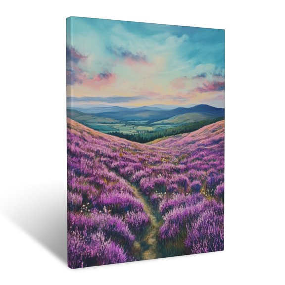 CozyNet Blooming Heather Field Stretching Across A Rolling Landscape Wall Art Prints With Frame Canvas Perfect for Living Room & Bedroom, Ready to Hang, Wall Decor 12"x16"in