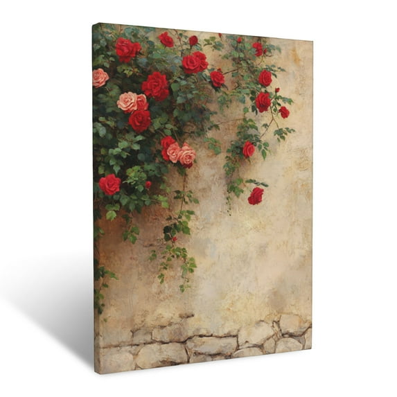 CozyNet Blooming Rose Bushes Cascading Over A Weathered Stone Garden Wall Wall Art Prints With Frame Canvas Perfect for Living Room & Bedroom, Ready to Hang, Wall Decor 12"x16"in