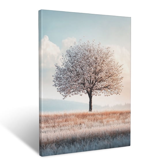 CozyNet Blooming Tree In The Middle Of A Serene Field Under Soft Sunlight Life & Creation Wall Art Prints With Frame Canvas Perfect for Living Room & Bedroom, Ready to Hang, Wall Decor 12"x16"