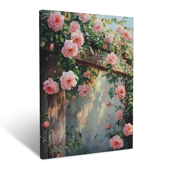CozyNet Blooming Wild Roses Cascading Across A Rustic Wooden Trellis In Sunlight Wall Art Prints With Frame Canvas Perfect for Living Room & Bedroom, Ready to Hang, Wall Decor 16"x20"in