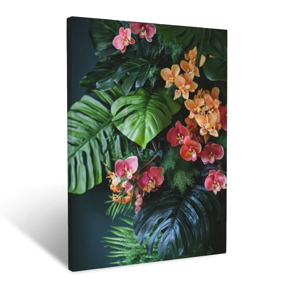 CozyNet Bold Tropical Composition Of Layered Monstera Leaves, Orchids And Lush Greenery Wall Art Prints With Frame Canvas Perfect for Living Room & Bedroom, Ready to Hang, Wall Decor 12"x16"in