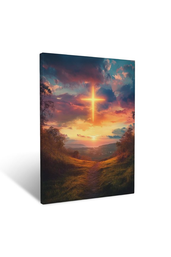 A Bright Cross Glowing In The Sky Above A Serene Countryside Wall Art Prints With Frame Canvas Perfect for Living Room & Bedroom, Ready to Hang, Wall Decor 12"x16"
