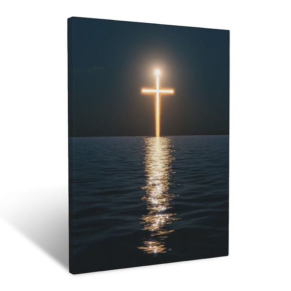 CozyNet A Bright Cross Reflected On Calm Ocean Waters Under A Full Moon Wall Art Prints With Frame Canvas Perfect for Living Room & Bedroom, Ready to Hang, Wall Decor 12"x16"