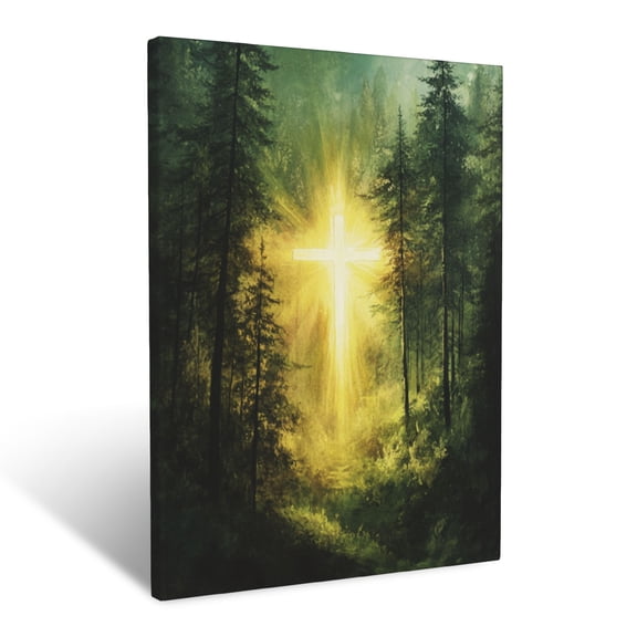 CozyNet A Bright Cross Shining Through A Forest Of Tall, Green Trees Wall Art Prints With Frame Canvas Perfect for Living Room & Bedroom, Ready to Hang, Wall Decor 12"x16"