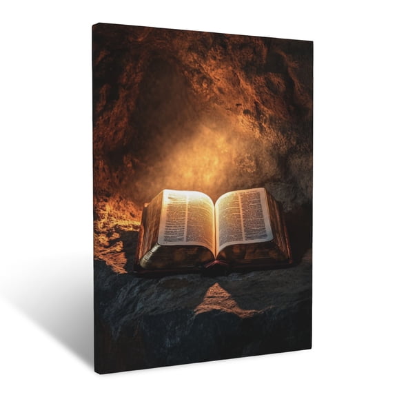 CozyNet A Bright Light Shining Through An Open Bible Resting On Ancient Stone Wall Art Prints With Frame Canvas Perfect for Living Room & Bedroom, Ready to Hang, Wall Decor 12"x16"