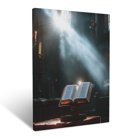 CozyNet A Bright Light Shining From The Open Pages Of A Holy Bible On An Altar Wall Art Prints With Frame Canvas Perfect for Living Room & Bedroom, Ready to Hang, Wall Decor 12"x16"