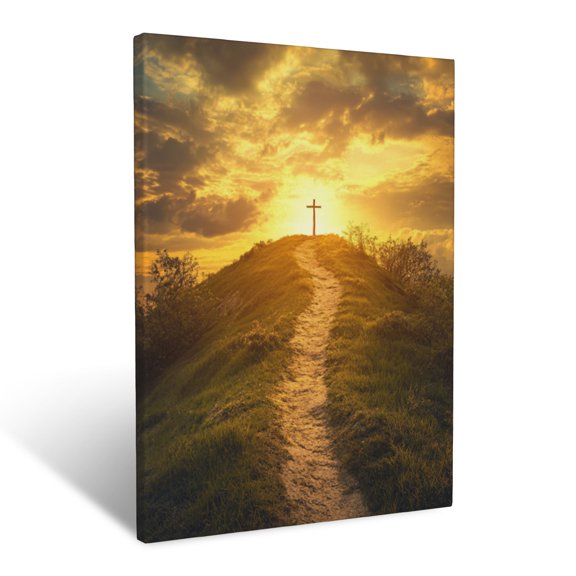 CozyNet A Bright Path Leading To A Cross At The Top Of A Hill Under Golden Skies Wall Art Prints With Frame Canvas Perfect for Living Room & Bedroom, Ready to Hang, Wall Decor 12"x16"