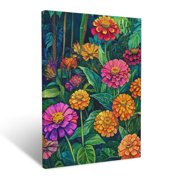 CozyNet Bright Zinnias Glowing In A Garden Filled With Lush Greenery Wall Art Prints With Frame Canvas Perfect for Living Room & Bedroom, Ready to Hang, Wall Decor 12"x16"in