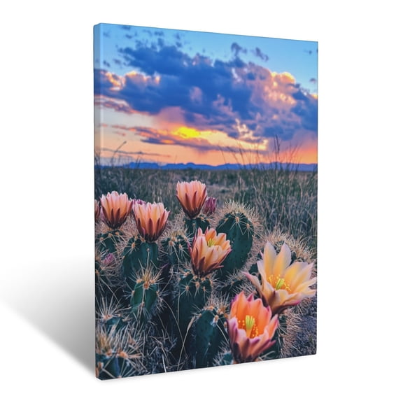 CozyNet Cactus Flowers Blooming Under A Deep Blue Desert Sky At Sunset Wall Art Prints With Frame Canvas Perfect for Living Room & Bedroom, Ready to Hang, Wall Decor 12"x16"in