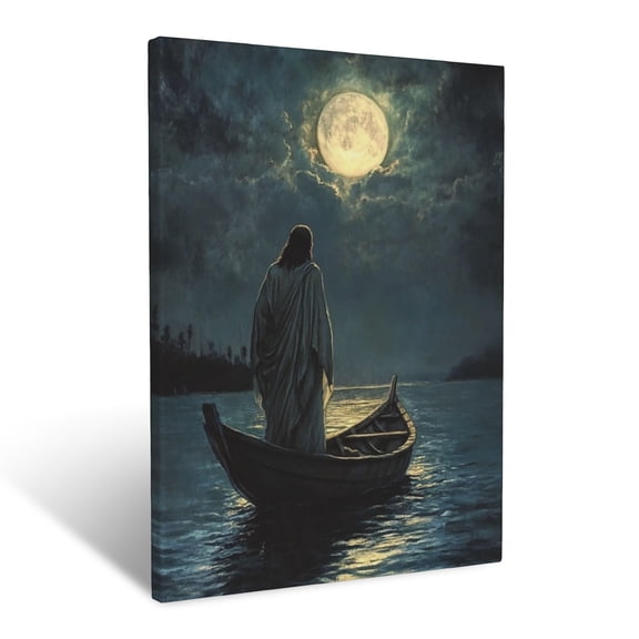 CozyNet The Calming Image Of Jesus Standing On A Boat In Calm Waters Under Moonlight Wall Art Prints With Frame Canvas Perfect for Living Room & Bedroom, Ready to Hang, Wall Decor 12"x16"