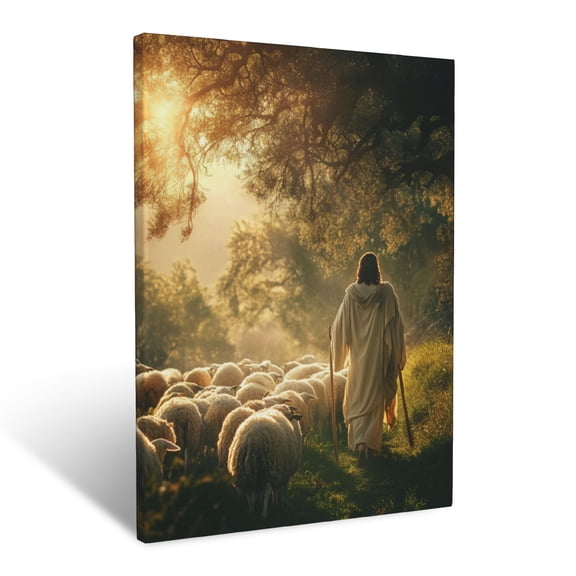CozyNet The Calming Scene Of Jesus Leading Sheep Through A Serene Meadow Under Soft Light Wall Art Prints With Frame Canvas Perfect for Living Room & Bedroom, Ready to Hang, Wall Decor 12"x16"