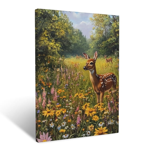 CozyNet Captivating Meadow Scene With Scattered Wildflowers And Roaming Deer Wall Art Prints With Frame Canvas Perfect for Living Room & Bedroom, Ready to Hang, Wall Decor 12"x16"in