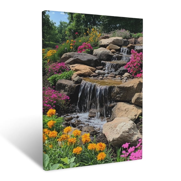 CozyNet Cascading Rock Garden Filled With Colorful Flowering Plants Wall Art Prints With Frame Canvas Perfect for Living Room & Bedroom, Ready to Hang, Wall Decor 12"x16"in