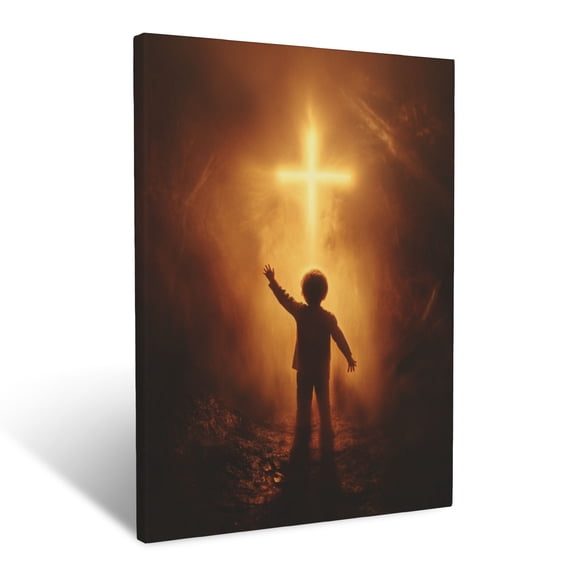CozyNet Child Reaching Toward Cross Glowing Light Symbolizing Guidance & Divine Love Wall Art Prints With Frame Canvas Perfect for Living Room & Bedroom, Ready to Hang, Wall Decor 12"x16"