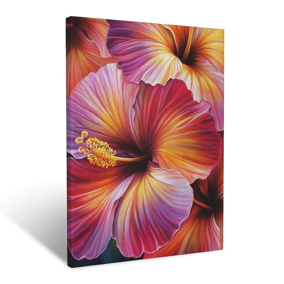 CozyNet Close Up Of Exotic Hibiscus Blossoms With Rich, Vibrant Petal Patterns Wall Art Prints With Frame Canvas Perfect for Living Room & Bedroom, Ready to Hang, Wall Decor 16"x20"in