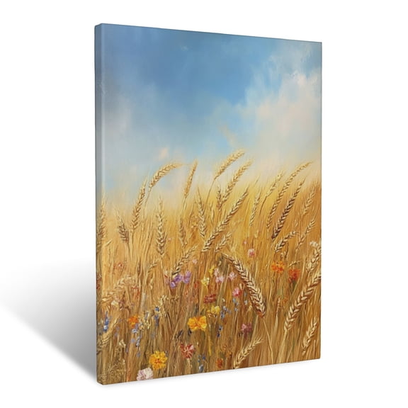 CozyNet Close Up Of Golden Wheat Fields Blending Into A Horizon Of Wildflowers Wall Art Prints With Frame Canvas Perfect for Living Room & Bedroom, Ready to Hang, Wall Decor 16"x20"in
