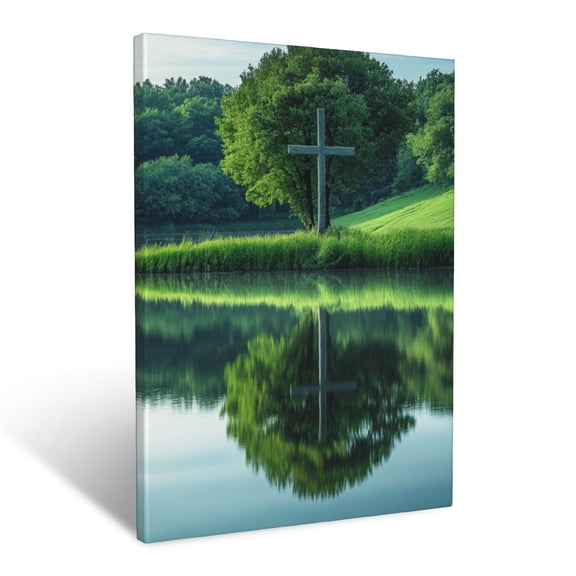 CozyNet Cross By The Riverbank Reflected In Calm Waters, Symbolizing Peace & Redemption Wall Art Prints With Frame Canvas Perfect for Living Room & Bedroom, Ready to Hang, Wall Decor 12"x16"