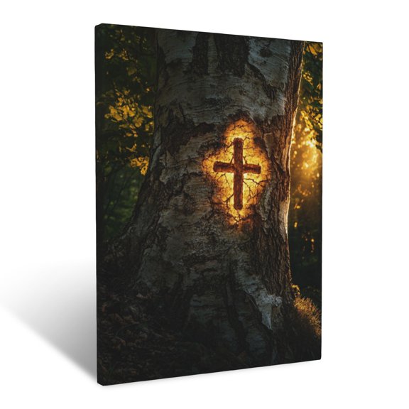 CozyNet Cross Carved Into Ancient Tree Glowing Bark Under Golden Forest Light Wall Art Prints With Frame Canvas Perfect for Living Room & Bedroom, Ready to Hang, Wall Decor 12"x16"