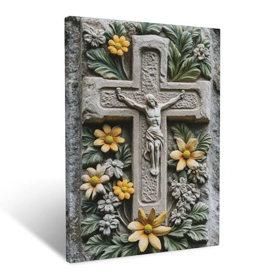CozyNet Cross Carved In Stone Surrounded By Blooming Flowers, Symbolizing Strength & Renewal Wall Art Prints With Frame Canvas Perfect for Living Room & Bedroom, Ready to Hang, Wall Decor 16"x20"