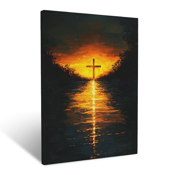 CozyNet Cross At The Center Of A Glowing River, Its Reflection Shimmering Gently In The Water Wall Art Prints With Frame Canvas Perfect for Living Room & Bedroom, Ready to Hang, Wall Decor 16"x20"