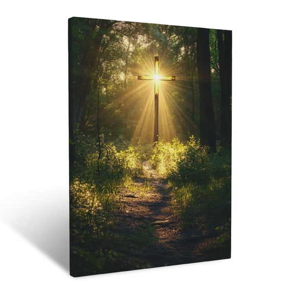 CozyNet Cross Glowing Brightly In A Tranquil Forest With Sunlight Streaming Through Trees Divine Ligh Wall Art Prints With Frame Canvas Perfect for Living Room & Bedroom, Wall Decor 12"x16"