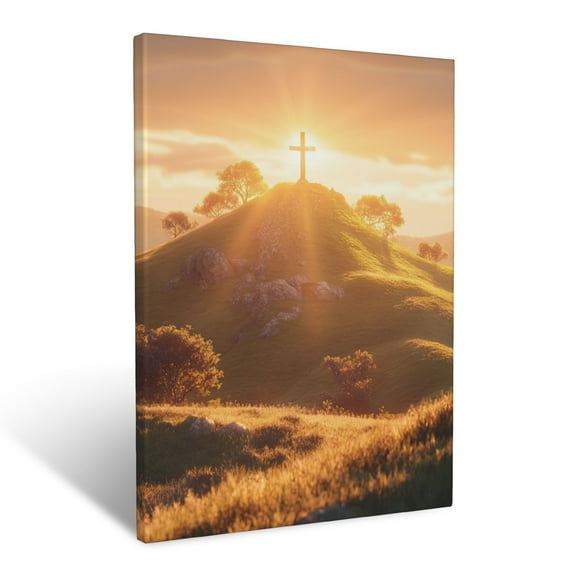 CozyNet The Cross Glowing In Golden Sunlight Over A Hill Sacred Sacrifice & Serene Divine Presence Wall Art Prints With Frame Canvas Perfect for Living Room & Bedroom, Wall Decor 12"x16"