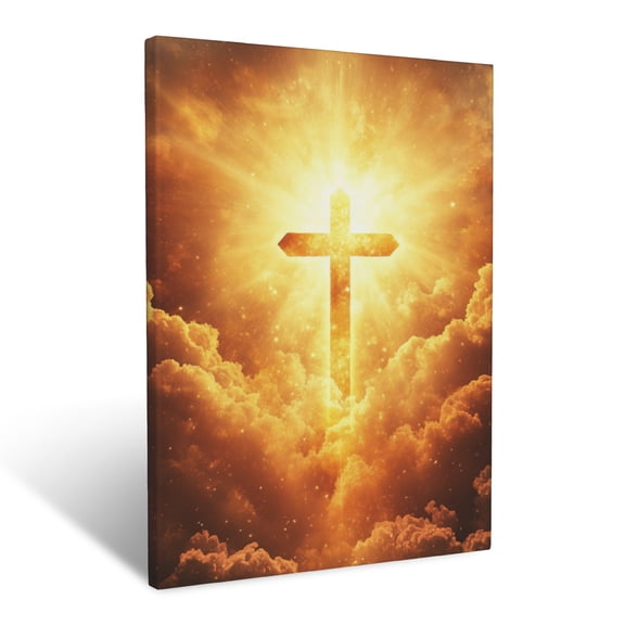 CozyNet Cross Glowing In Golden Clouds Radiant Light Illuminating Symbol Of Salvation Wall Art Prints With Frame Canvas Perfect for Living Room & Bedroom, Ready to Hang, Wall Decor 16"x20"