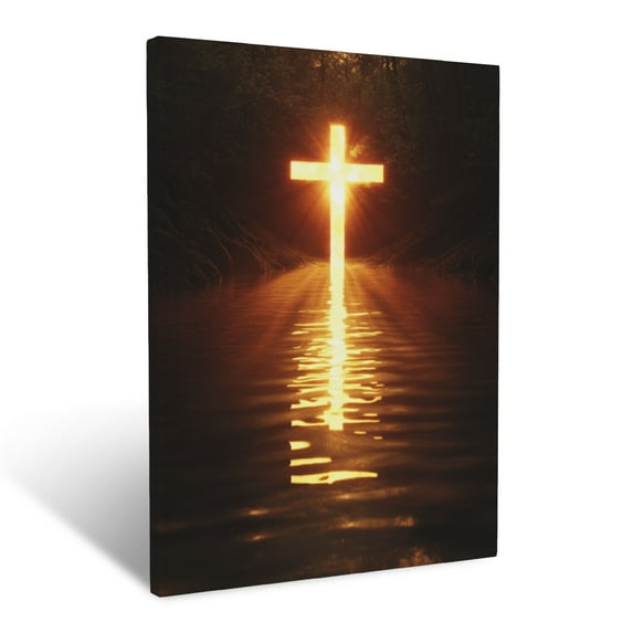 CozyNet Cross Glowing In Radiant River Peaceful Waters Reflecting Divine Hope And Light Wall Art Prints With Frame Canvas Perfect for Living Room & Bedroom, Ready to Hang, Wall Decor 16"x20"