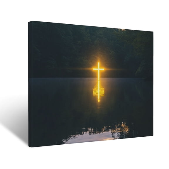 CozyNet Cross Glowing In The Center Of A Serene Lake, Reflecting Soft Golden Divine Light Wall Art Prints With Frame Canvas Perfect for Living Room & Bedroom, Ready to Hang, Wall Decor 12"x16"