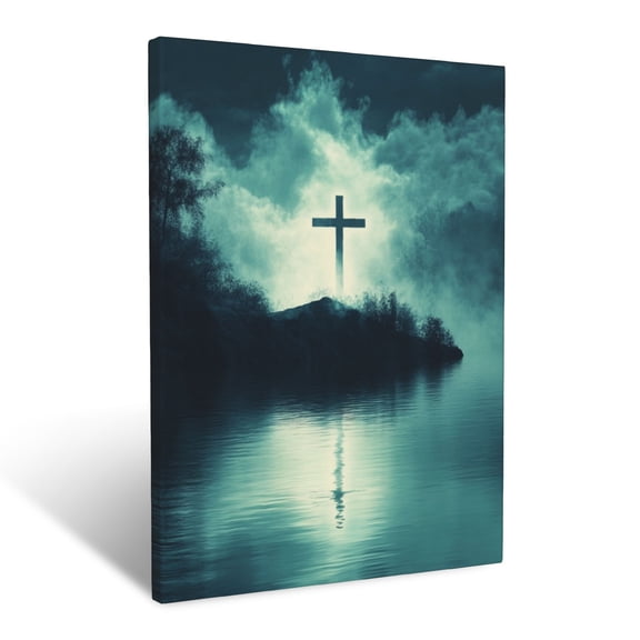 CozyNet Cross Glowing Near Tranquil Waters Serene Lake Reflecting Divine Light Of Salvation Wall Art Prints With Frame Canvas Perfect for Living Room & Bedroom, Ready to Hang, Wall Decor 12"x16"