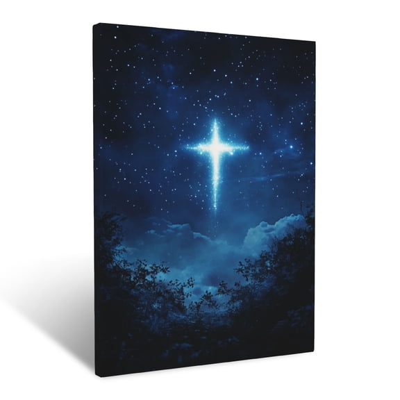 CozyNet Cross Glowing In Night Sky Surrounded By Twinkling Stars & Gentle, Divine Aura Wall Art Prints With Frame Canvas Perfect for Living Room & Bedroom, Ready to Hang, Wall Decor 16"x20"