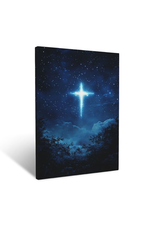 Cross Glowing In Night Sky Surrounded By Twinkling Stars & Gentle, Divine Aura Wall Art Prints With Frame Canvas Perfect for Living Room & Bedroom, Ready to Hang, Wall Decor 12"x16"